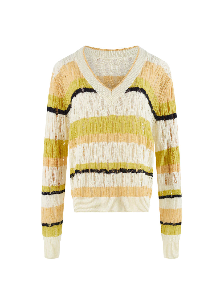 COMOBOCA 100% Cashmere Women's Striped V-Neck Knit Sweater
