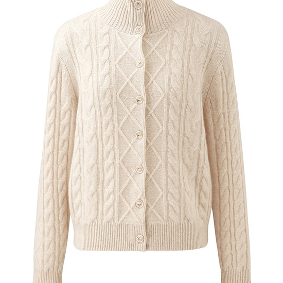 COMOBOCA 100% Cashmere Women's Cable Mock Neck Knit Cardigan