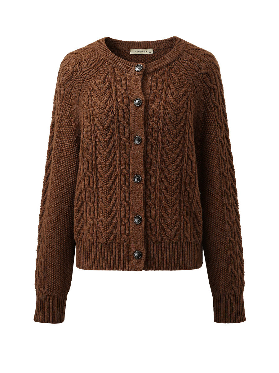 COMOBOCA 100% Wool Women's Cable Knit Button Cardigan