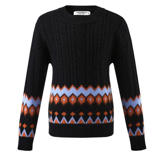 COMOBOCA 100% Wool Kids' Round Neck Striped Cable Knit Sweater