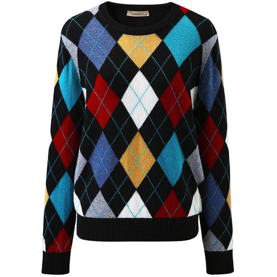 COMOBOCA 100% Cashmere Women's Argyle Pattern Colorful Knit Sweater