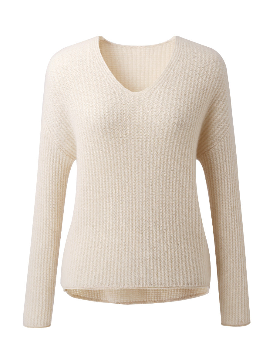 COMOBOCA 100% Cashmere Women's Ribbed V-Neck Knit Sweater