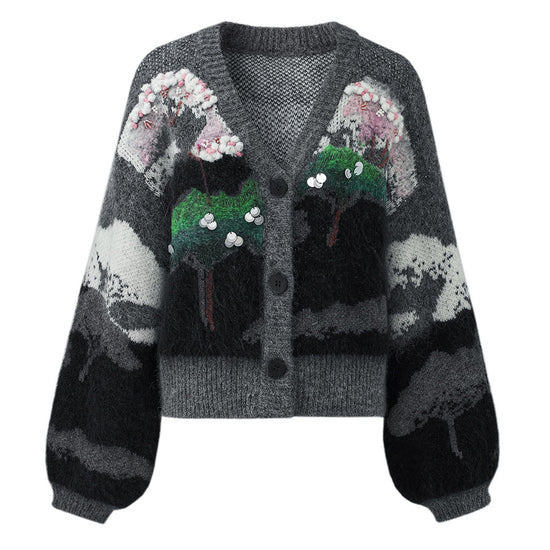 COMOBOCA Women's Landscape Patterned Knit Cardigan