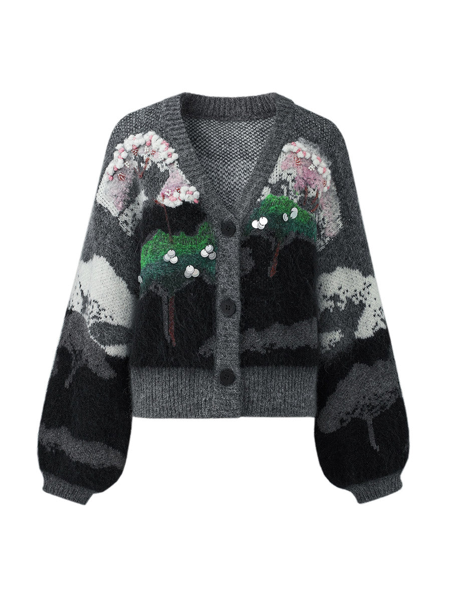 COMOBOCA Women's Landscape Patterned Knit Cardigan
