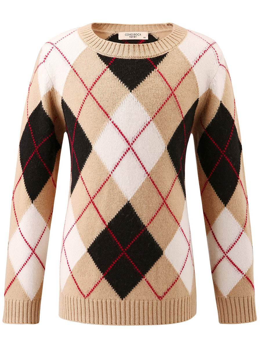 COMOBOCA 100% Wool Kids' Ribbed Argyle Knit Sweater