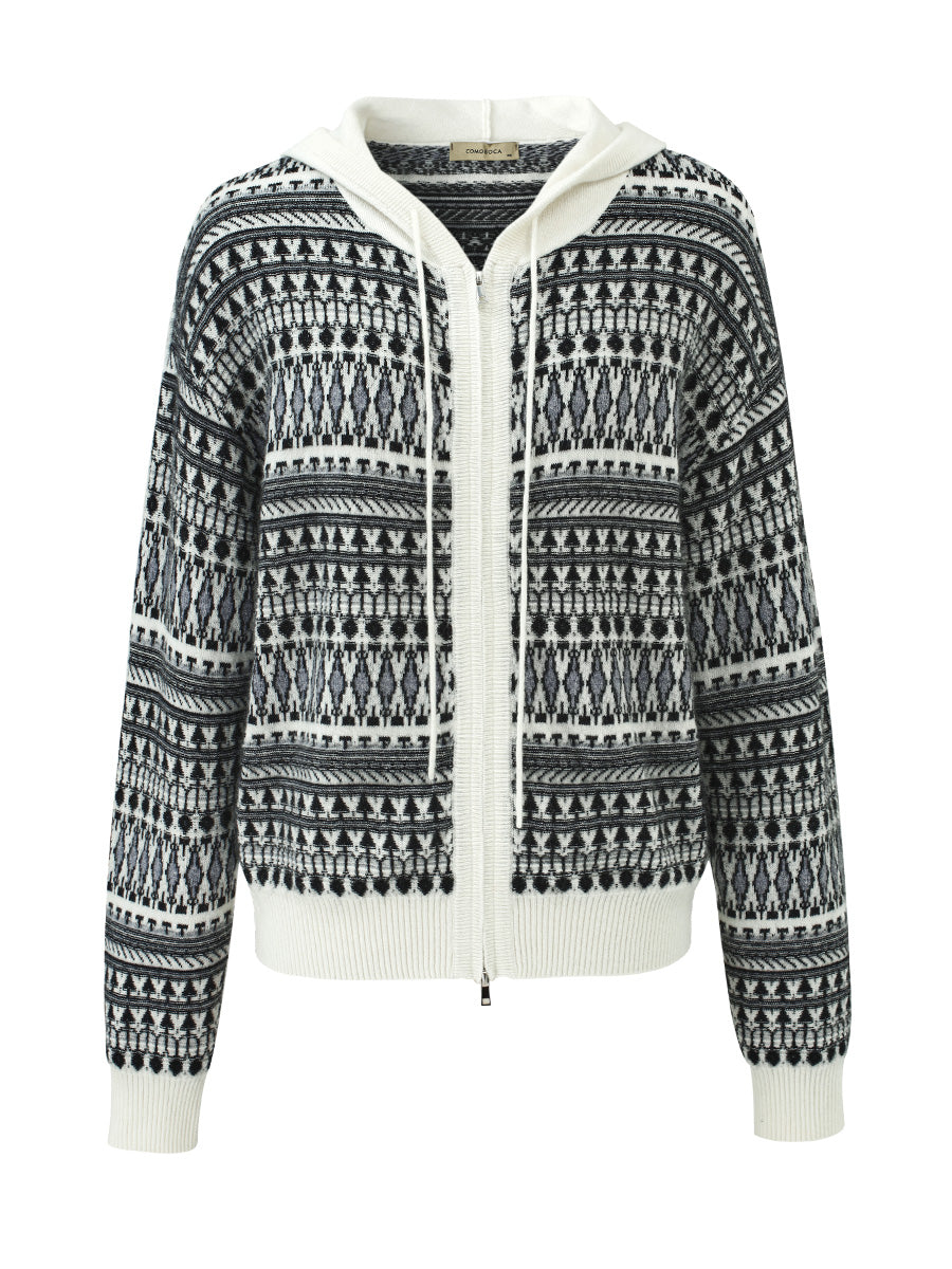 COMOBOCA 100% Cashmere Women's Fair Isle Double Zip Hoodie