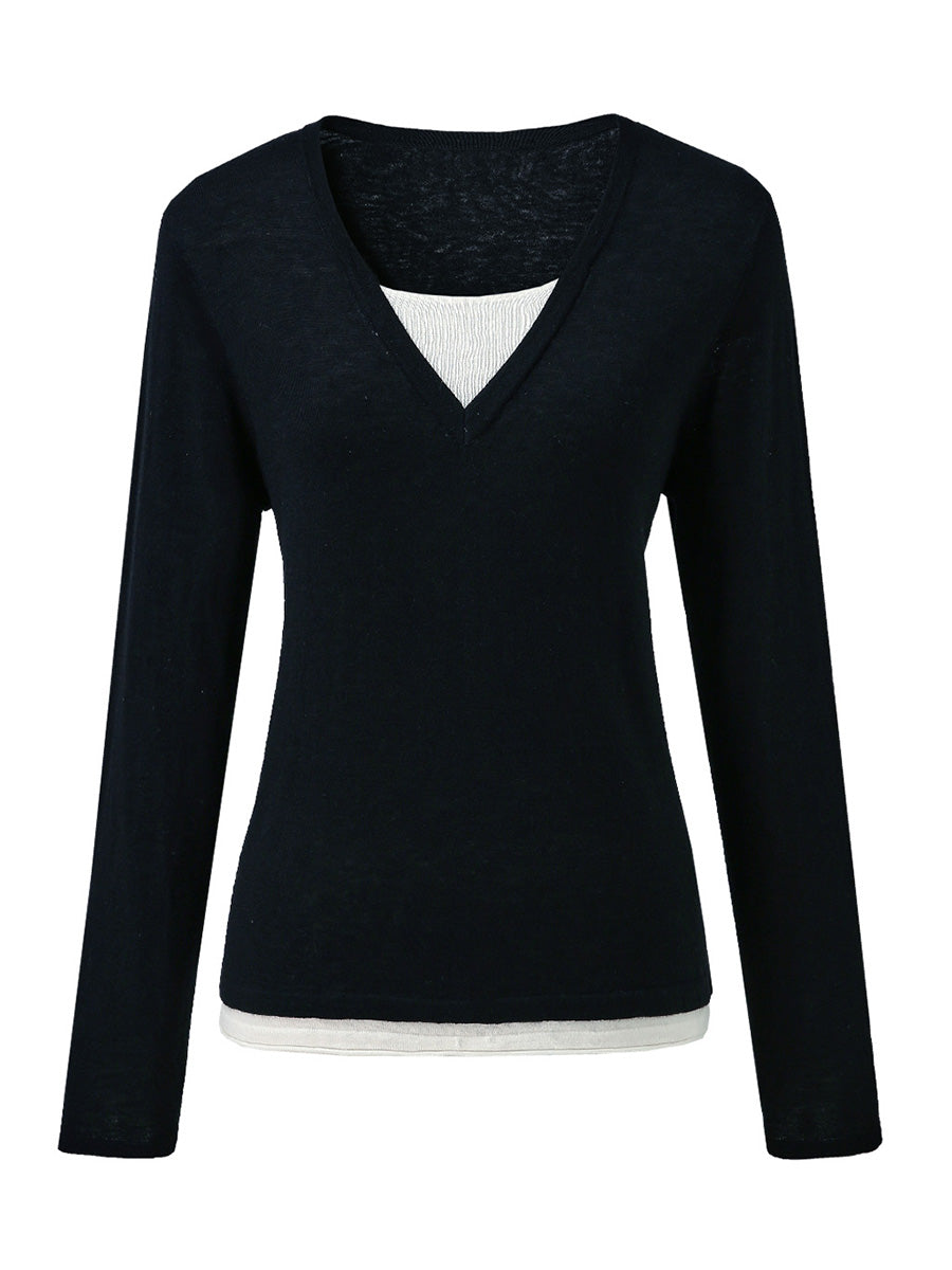 COMOBOCA Women's V-Neck Layered Knit Sweater