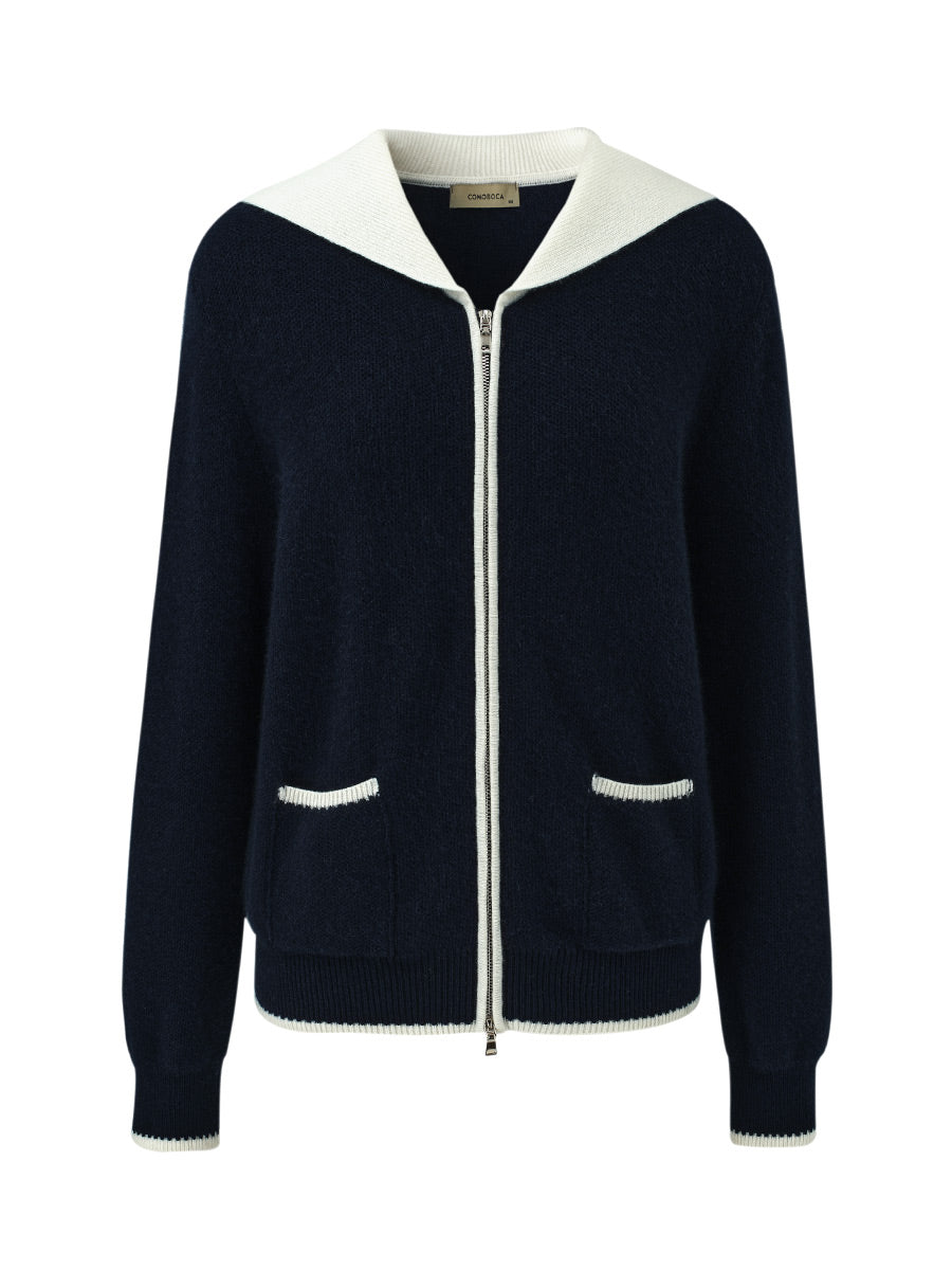 COMOBOCA 100% Cashmere Women's Contrast Collar Double Zip Cardigan