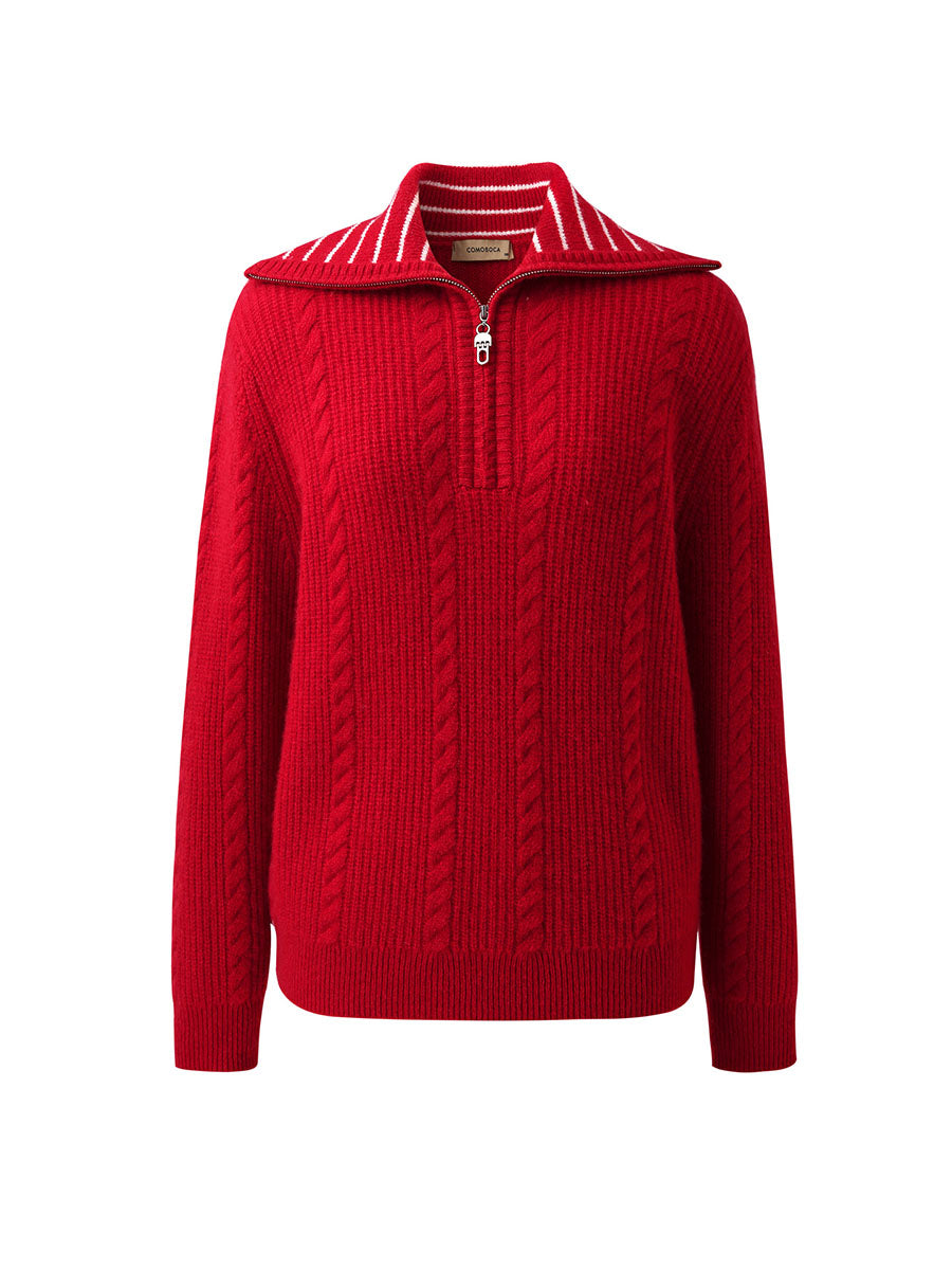 COMOBOCA 100% Cashmere Women's Cable Half Zip Striped Collar Sweater
