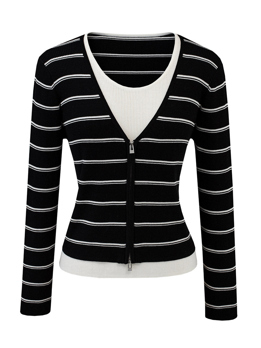 COMOBOCA Women's Striped Ribbed Knit Faux 2-in-1 Zip Cardigan