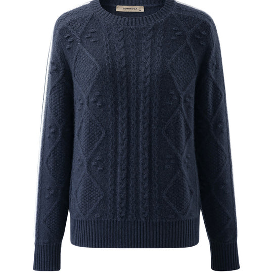 COMOBOCA Navy Blue 100% Cashmere Women's Crew Neck Intarsia Knit Sweater