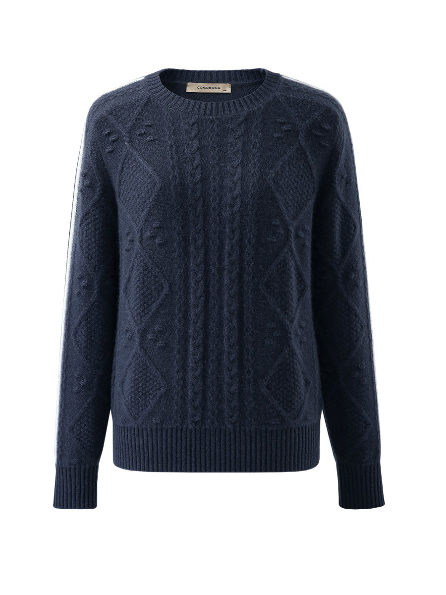 COMOBOCA Navy Blue 100% Cashmere Women's Crew Neck Intarsia Knit Sweater