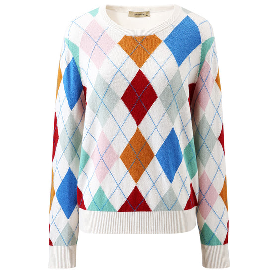 COMOBOCA 100% Cashmere Women's Argyle Pattern Colorful Knit Sweater