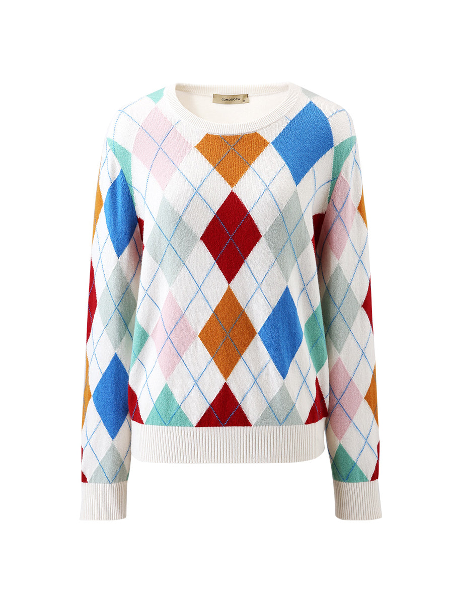 COMOBOCA 100% Cashmere Women's Argyle Pattern Colorful Knit Sweater