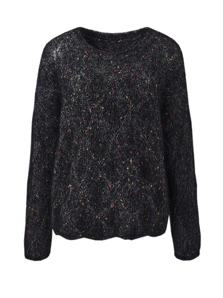 COMOBOCA Women's Speckled Lace Knit Round Neck Sweater