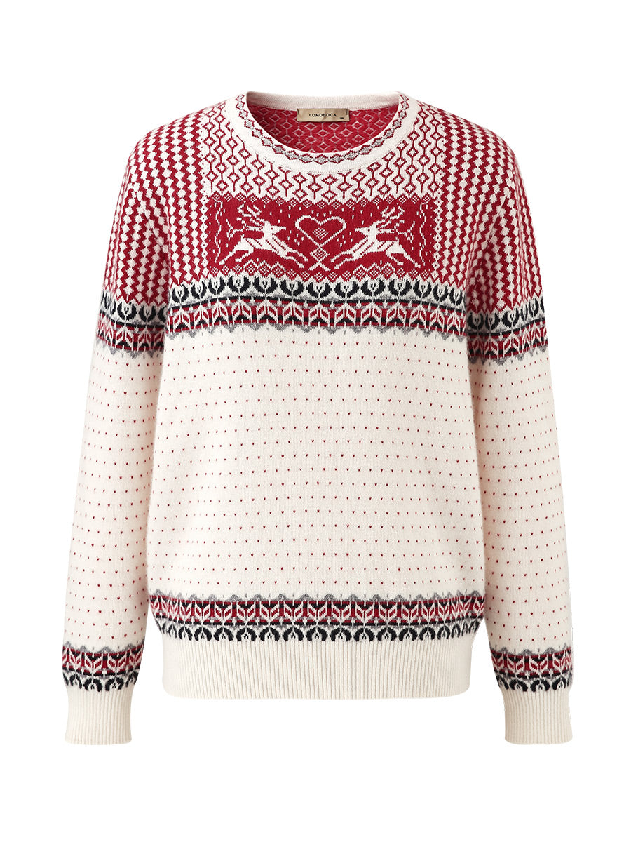 COMOBOCA 100% Cashmere Women's Fair Isle Reindeer Sweater