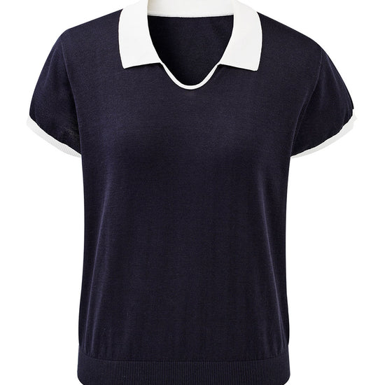 COMOBOCA Women's Contrast Collar V-Neck Knit Polo T-Shirt