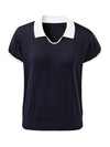 COMOBOCA Women's Contrast Collar V-Neck Knit Polo T-Shirt