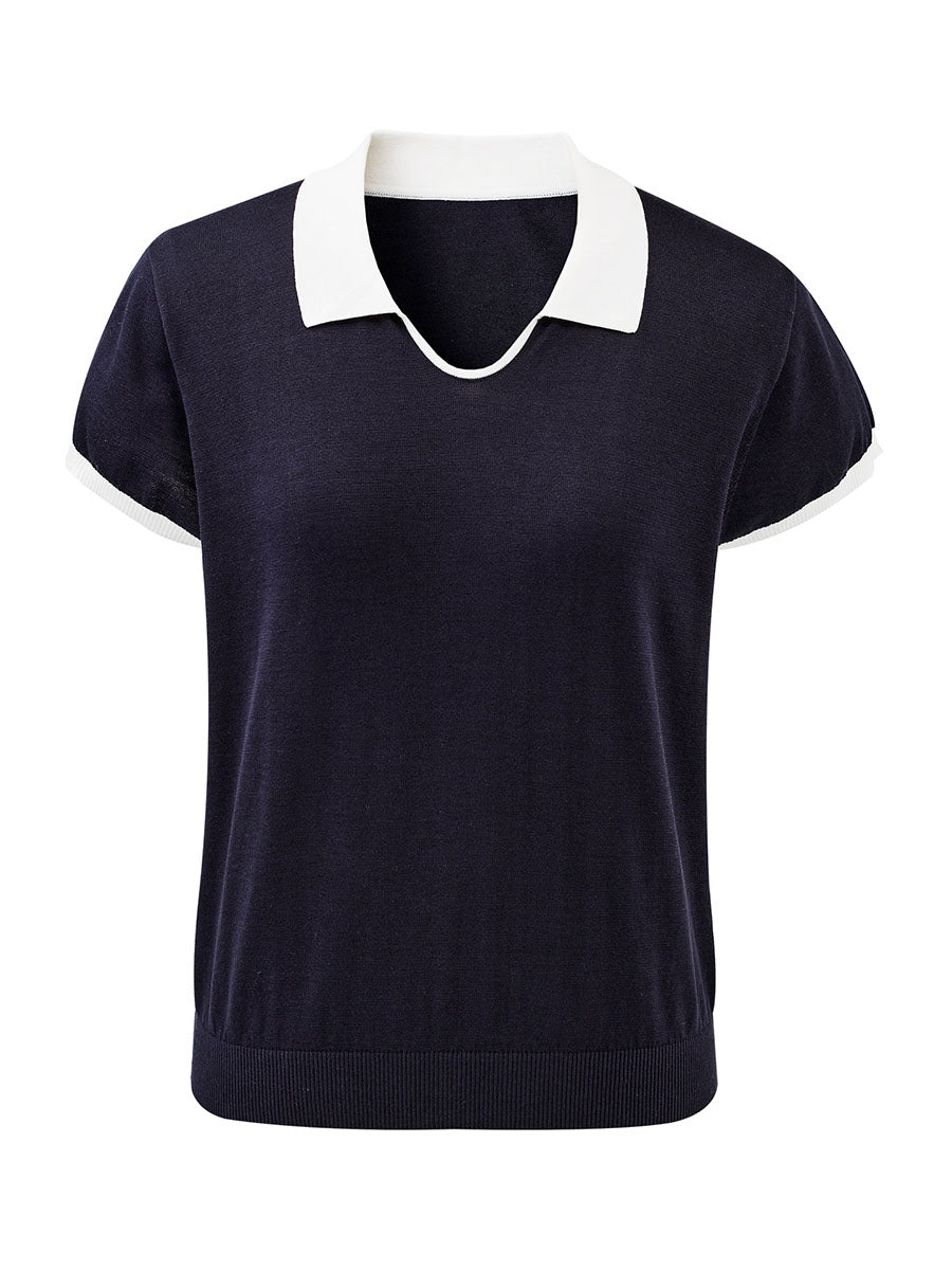 COMOBOCA Women's Contrast Collar V-Neck Knit Polo T-Shirt
