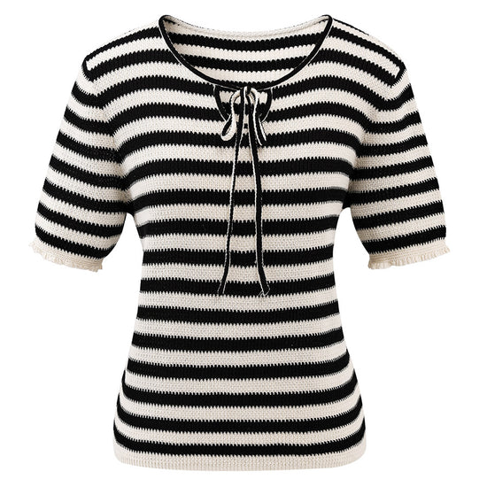 COMOBOCA Women's Tie-Neck Striped Knit T-Shirt