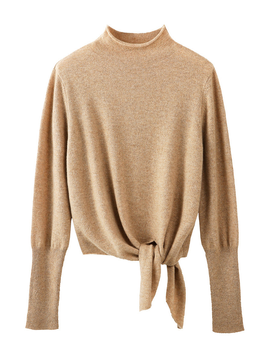 COMOBOCA 100% Cashmere Women's Mock Neck Tie-Waist Sweater