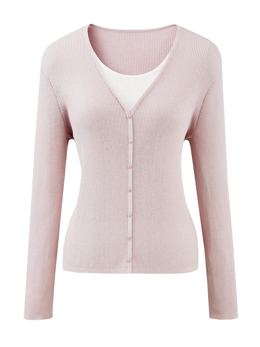 COMOBOCA Women's Ribbed Knit V-Neck Faux Cardigan