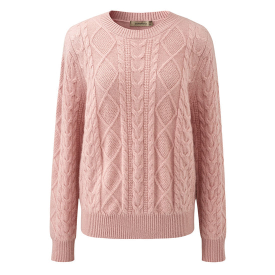 COMOBOCA 100% Cashmere Women's Cable Round Neck Knit Sweater