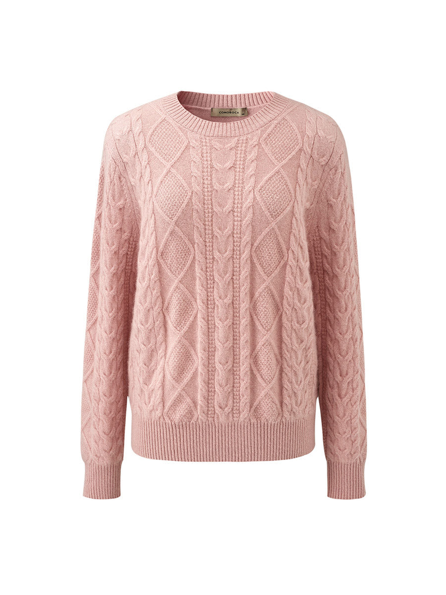 COMOBOCA 100% Cashmere Women's Cable Round Neck Knit Sweater