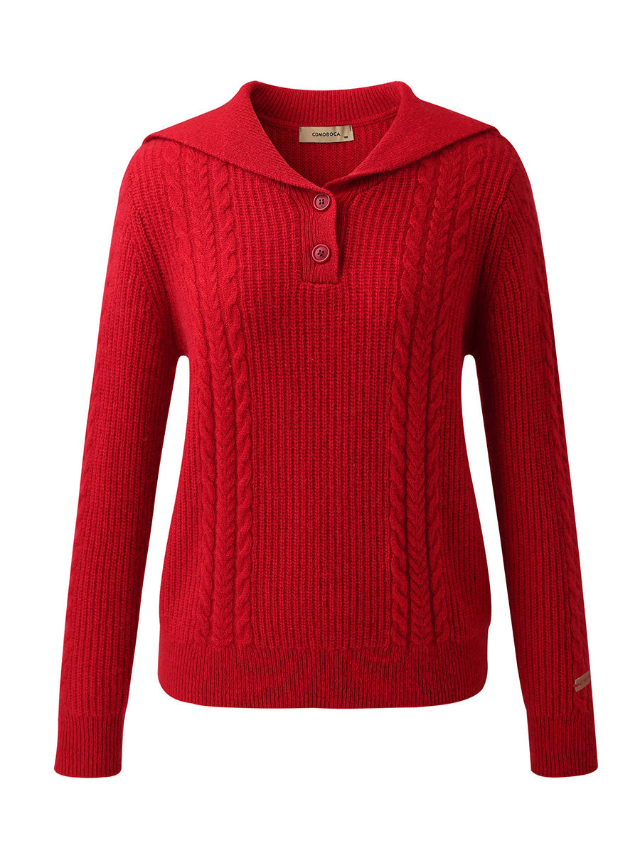 COMOBOCA 100% Cashmere Women's Cable Sailor Collar Sweater