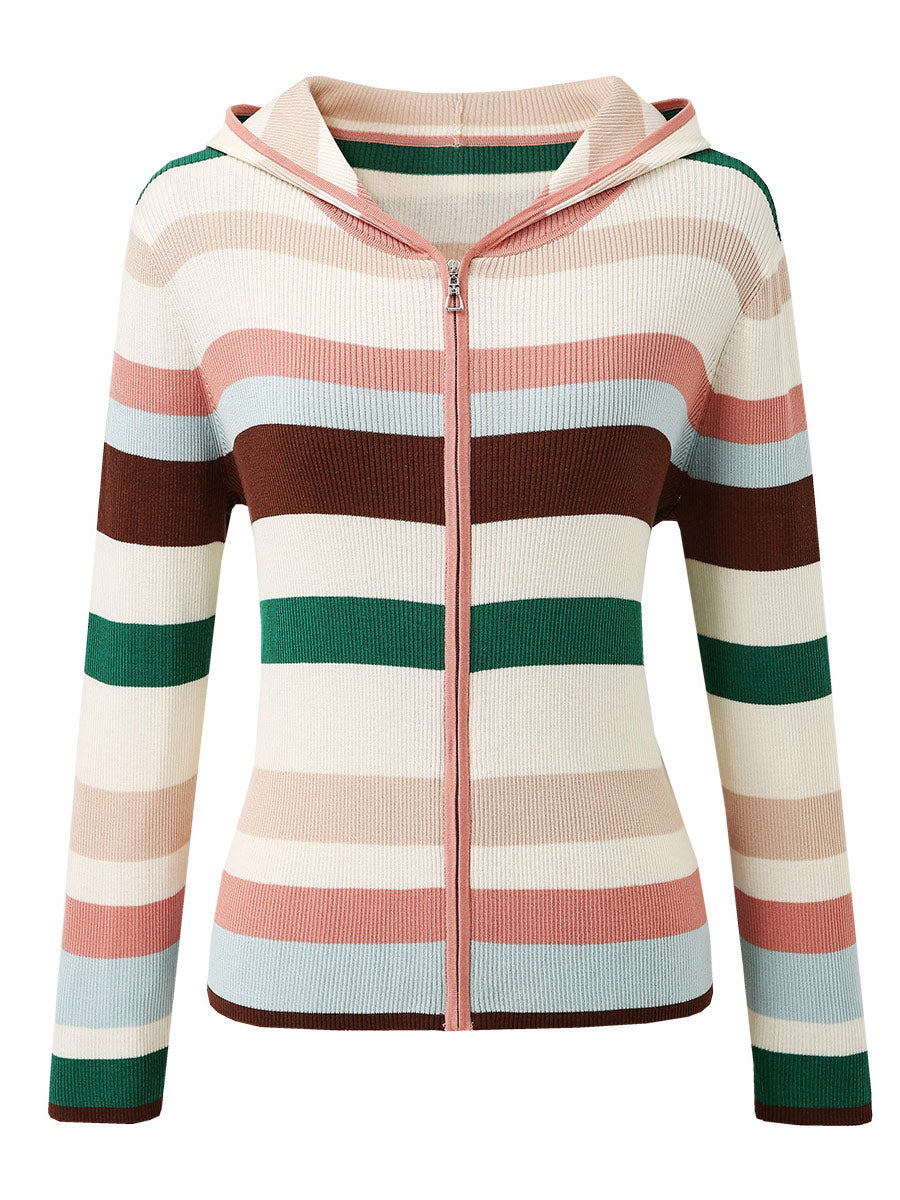 COMOBOCA Women's Versatile Striped Zip-Up Hoodie Cardigan