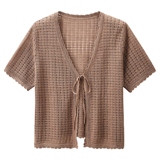 COMOBOCA Women's Linen Crochet Tie Short Sleeve Cardigan