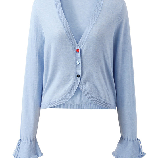 COMOBOCA Women's Heart Button Cropped Ruffle Bell Cardigan