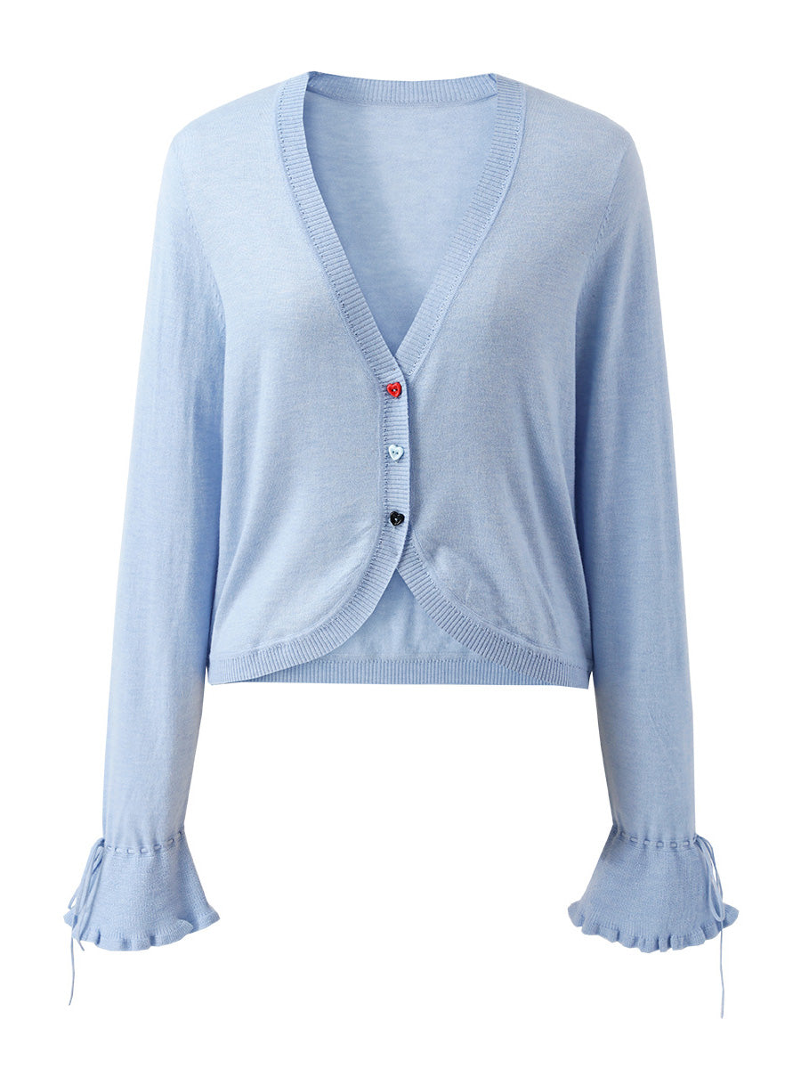 COMOBOCA Women's Heart Button Cropped Ruffle Bell Cardigan