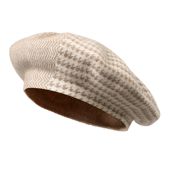 COMOBOCA 100% Cashmere Elegant Houndstooth Knit Beret