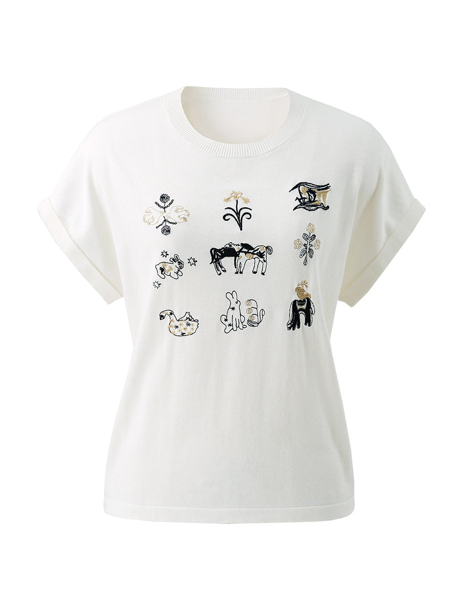 COMOBOCA Women's Embroidered Short Sleeve Knit Top