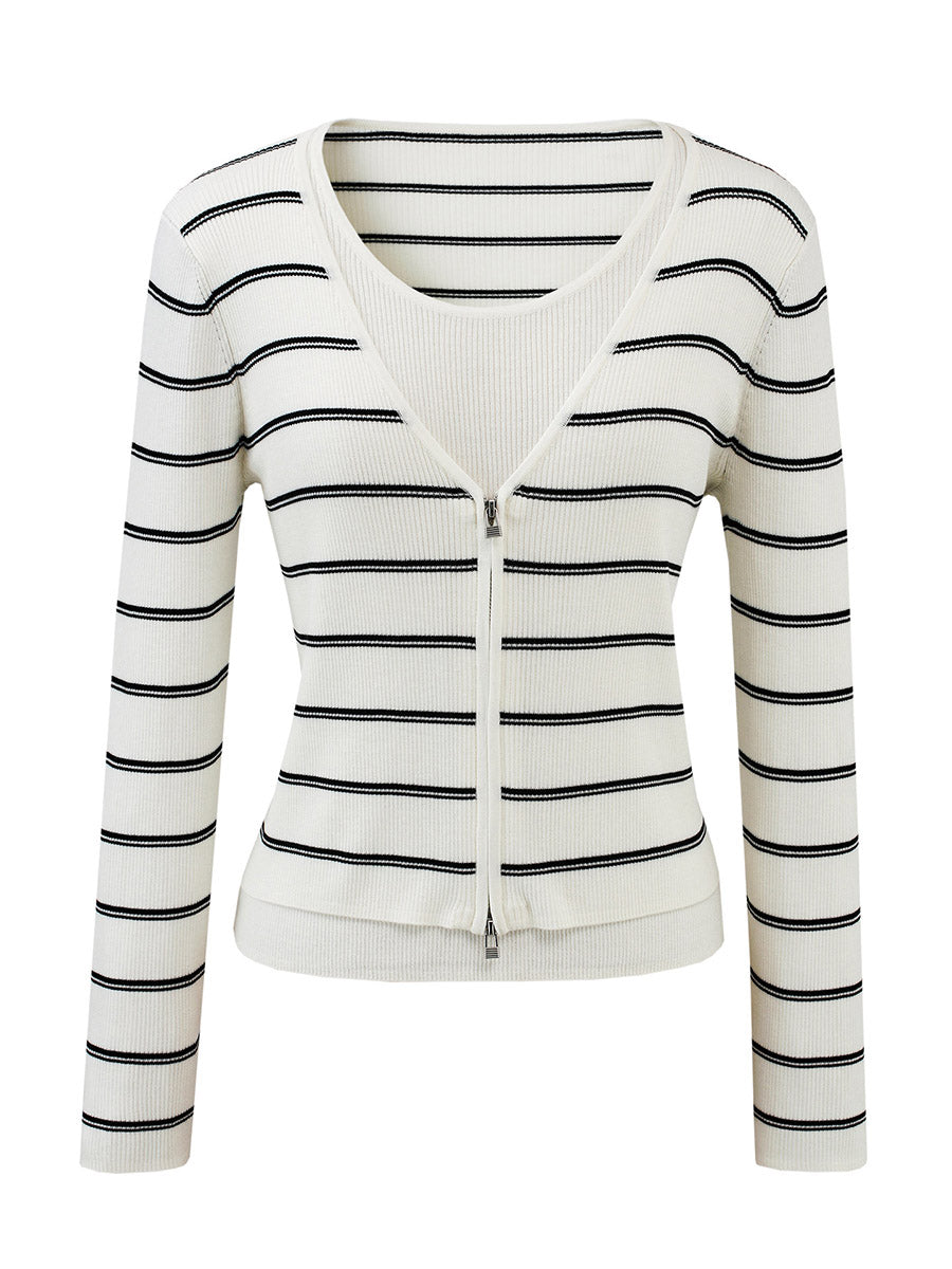 COMOBOCA Women's Striped Ribbed Knit Faux 2-in-1 Zip Cardigan