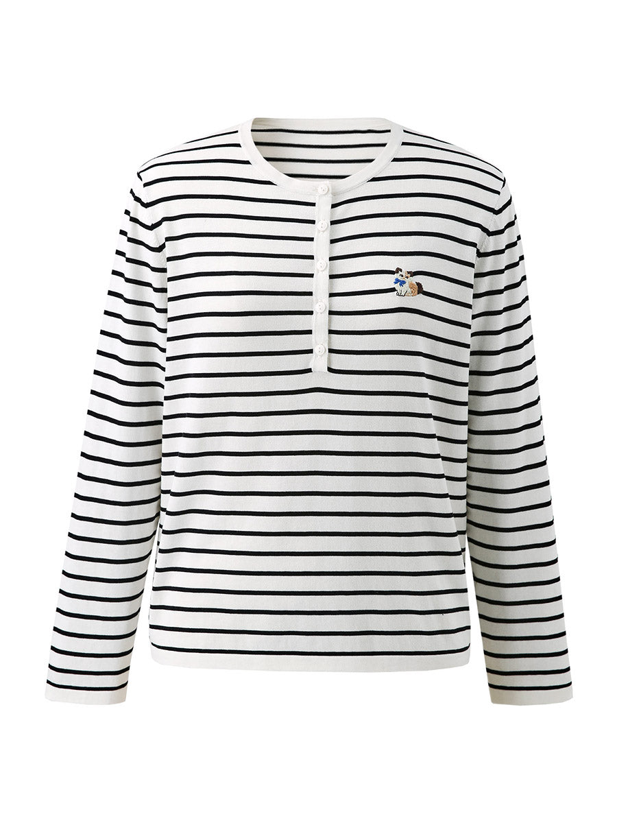 COMOBOCA Women's Striped Henley Button Knit Sweater