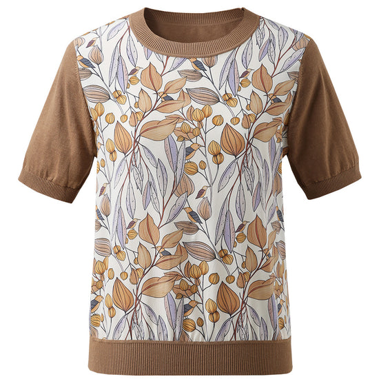 COMOBOCA Women's Cotton Silk Floral Ribbed Print Knit T-Shirt