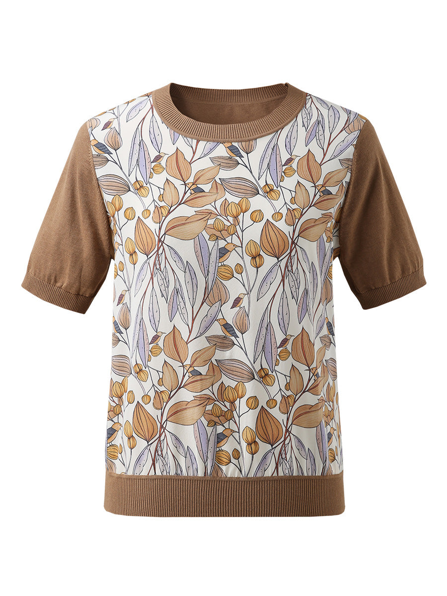 COMOBOCA Women's Cotton Silk Floral Ribbed Print Knit T-Shirt