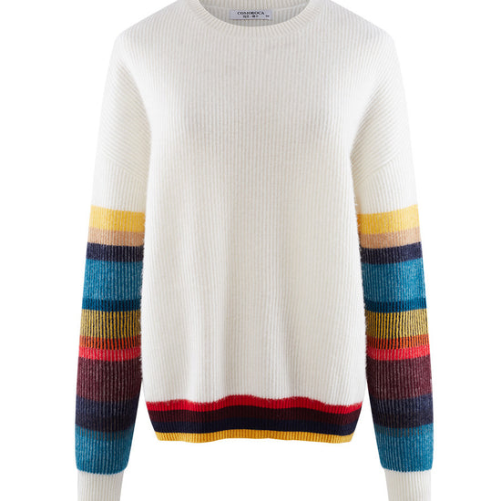 COMOBOCA 100% Cashmere Women's Striped Round Neck Sweater