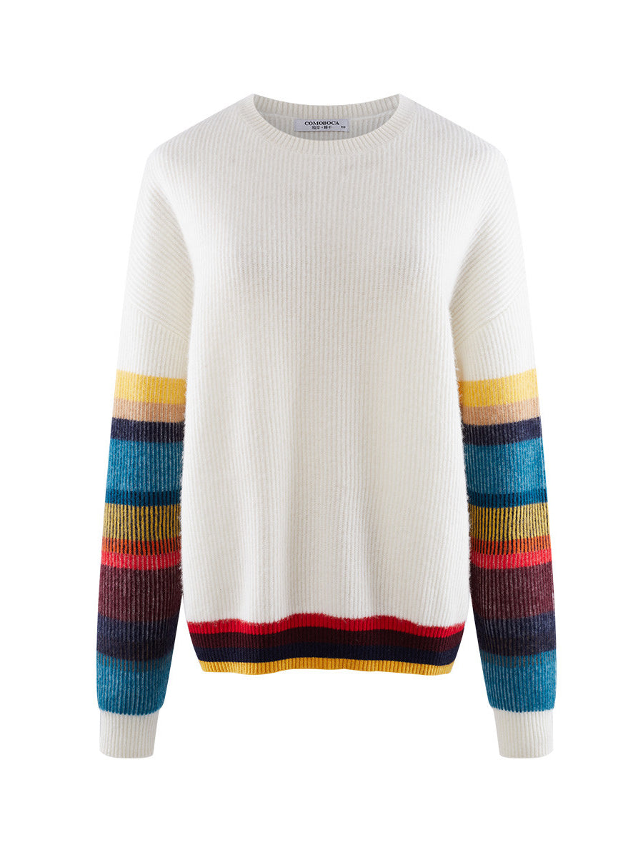 COMOBOCA 100% Cashmere Women's Striped Round Neck Sweater