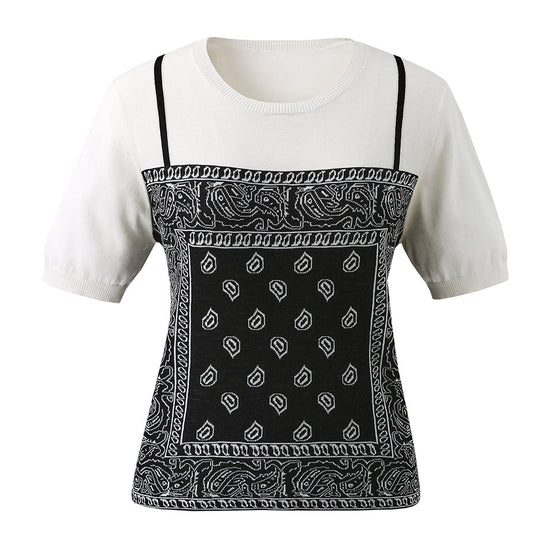 COMOBOCA Women's 2-in-1 Bandana Print Knit Top