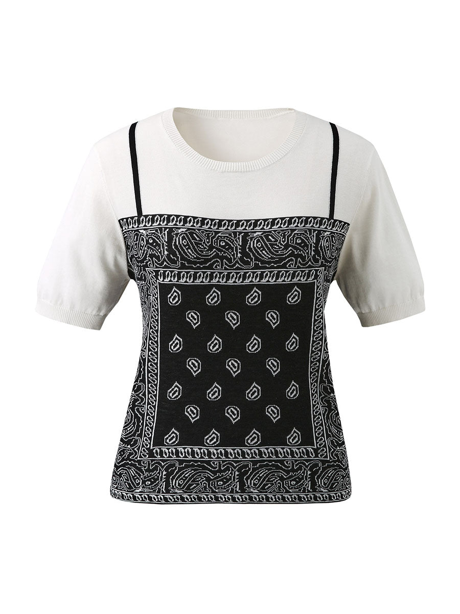 COMOBOCA Women's 2-in-1 Bandana Print Knit Top