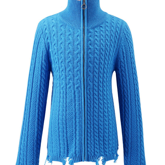 COMOBOCA Blue 100% Wool Kid's Cable Knit Turtleneck Zip Up Cardigan