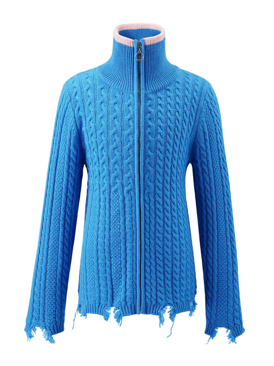 COMOBOCA Blue 100% Wool Kid's Cable Knit Turtleneck Zip Up Cardigan