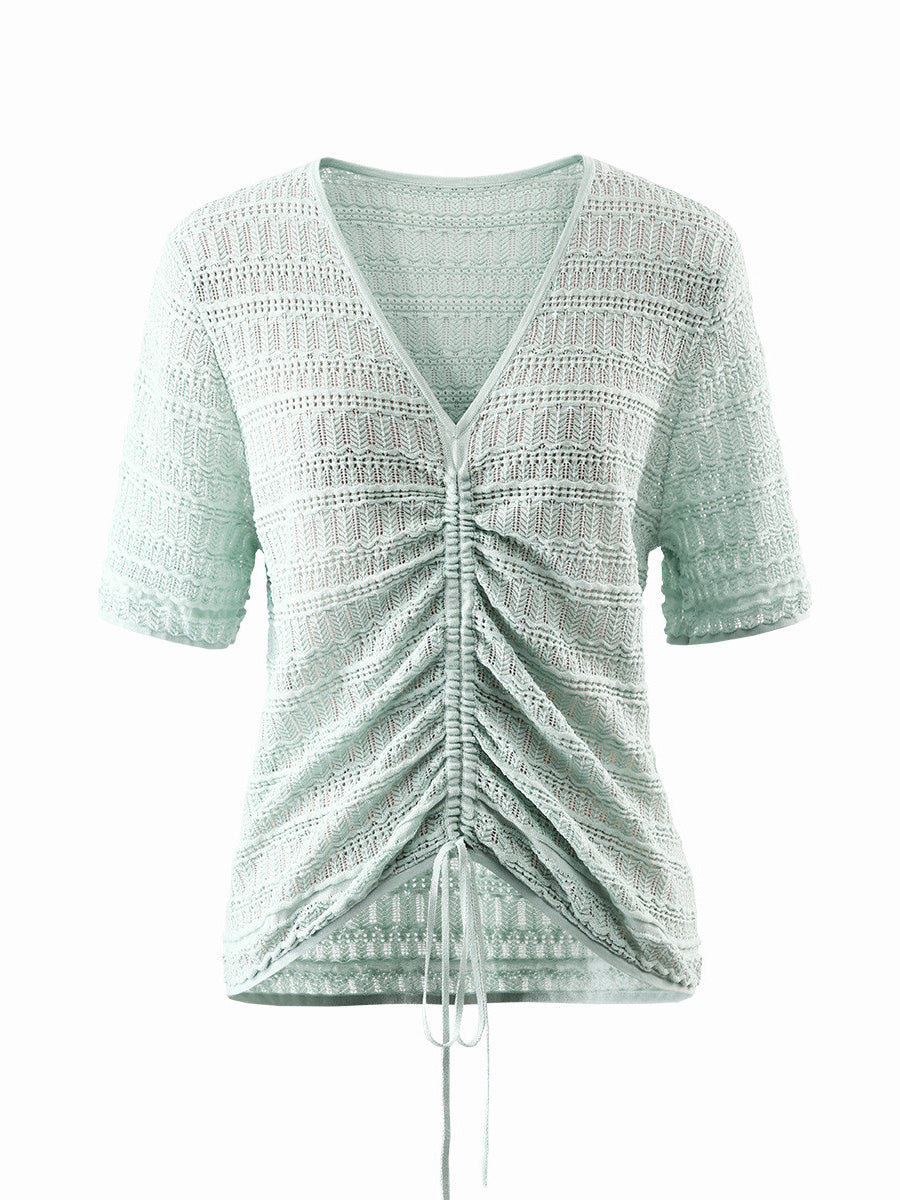 COMOBOCA Women's V-Neck Ruched Knit T-Shirt