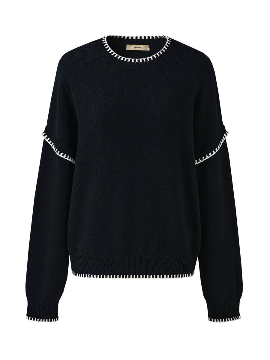 COMOBOCA 100% Wool Women's Contrast Trim Knit Sweater
