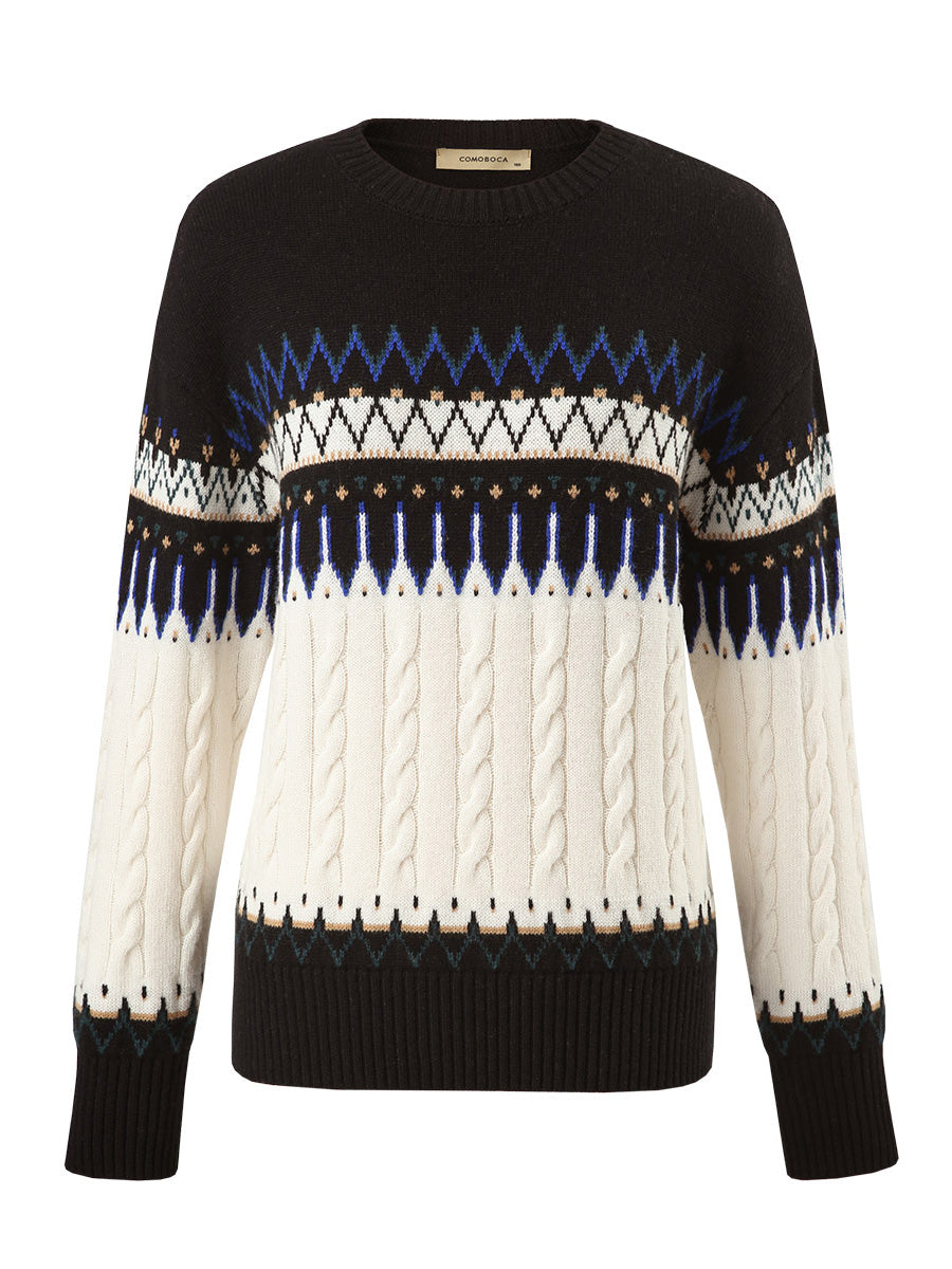 COMOBOCA 100% Wool Women's Nordic Pattern Cable Knit Sweater