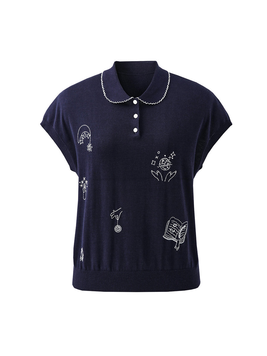 COMOBOCA Women's Embroidered Collared Knit T-Shirt
