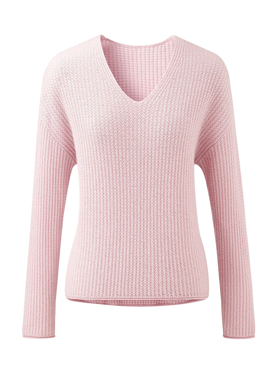 COMOBOCA 100% Cashmere Women's Ribbed V-Neck Knit Sweater